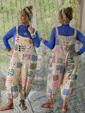 NEW Jaded Gypsy Ferris Wheel Dreams Patchwork Boho Jogger Overalls